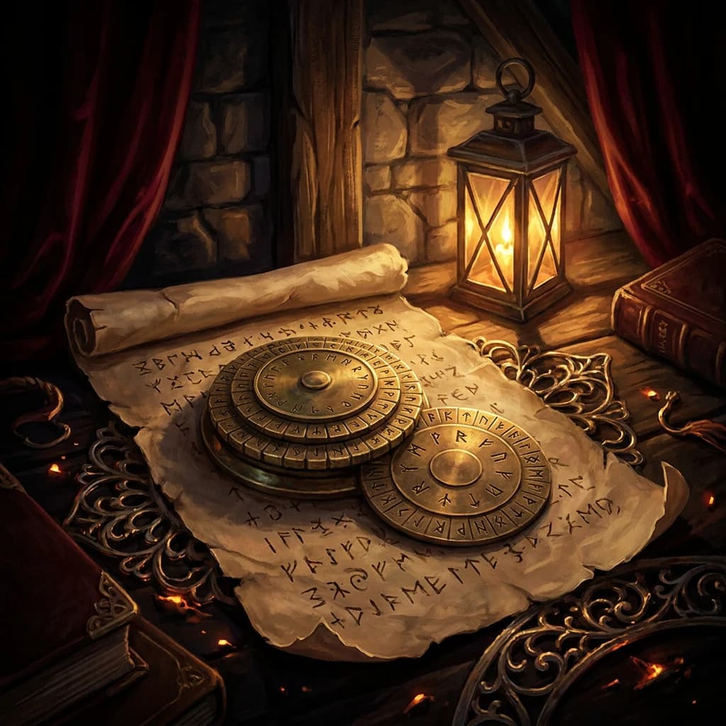 A brass cipher wheel and decoder resting on aged parchment by candlelight, the look of a codes-and-ciphers escape-room puzzle at Labyrinth Escape Games.