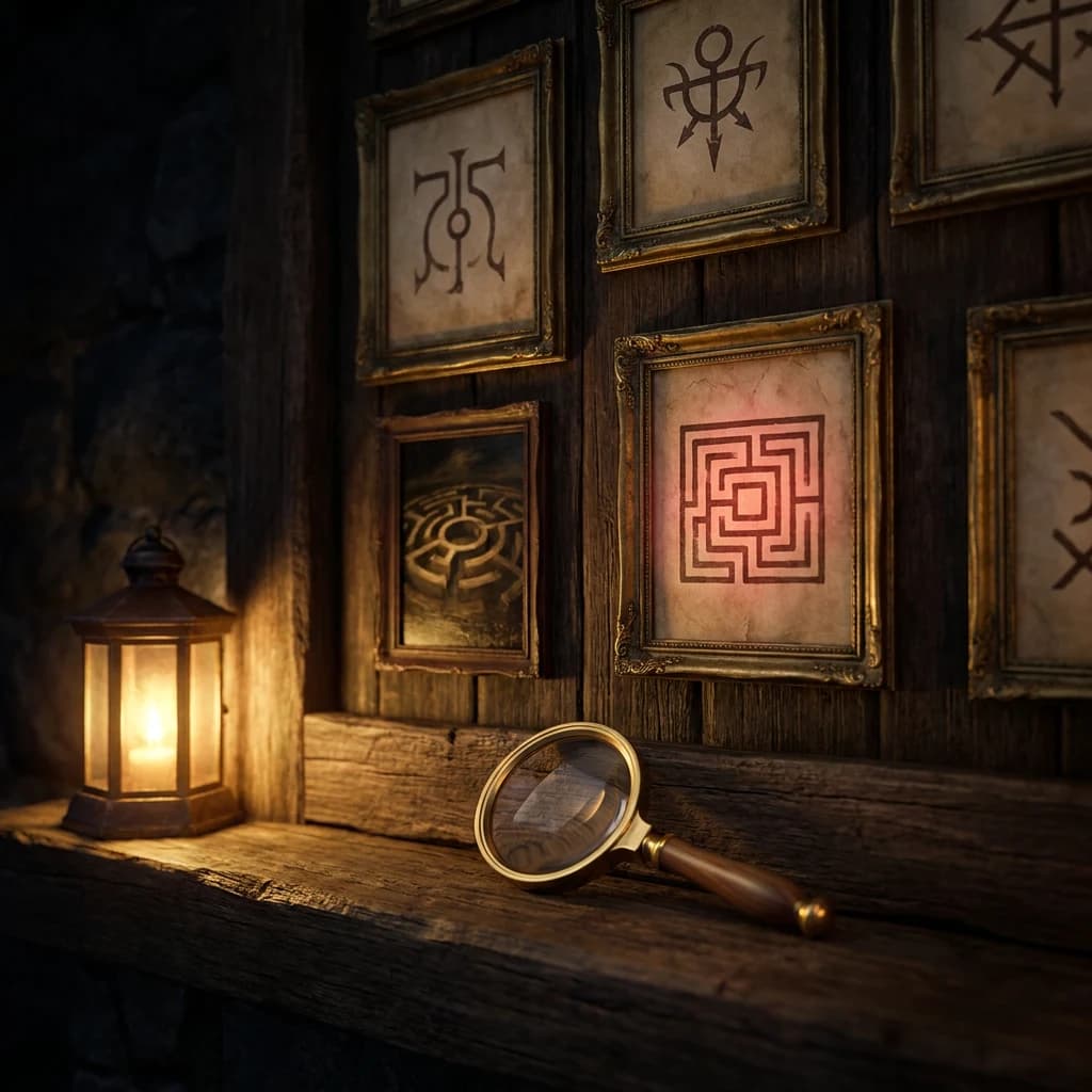 An ornate wall of symbols and paintings with one detail glowing under lantern light at Labyrinth Escape Games.
