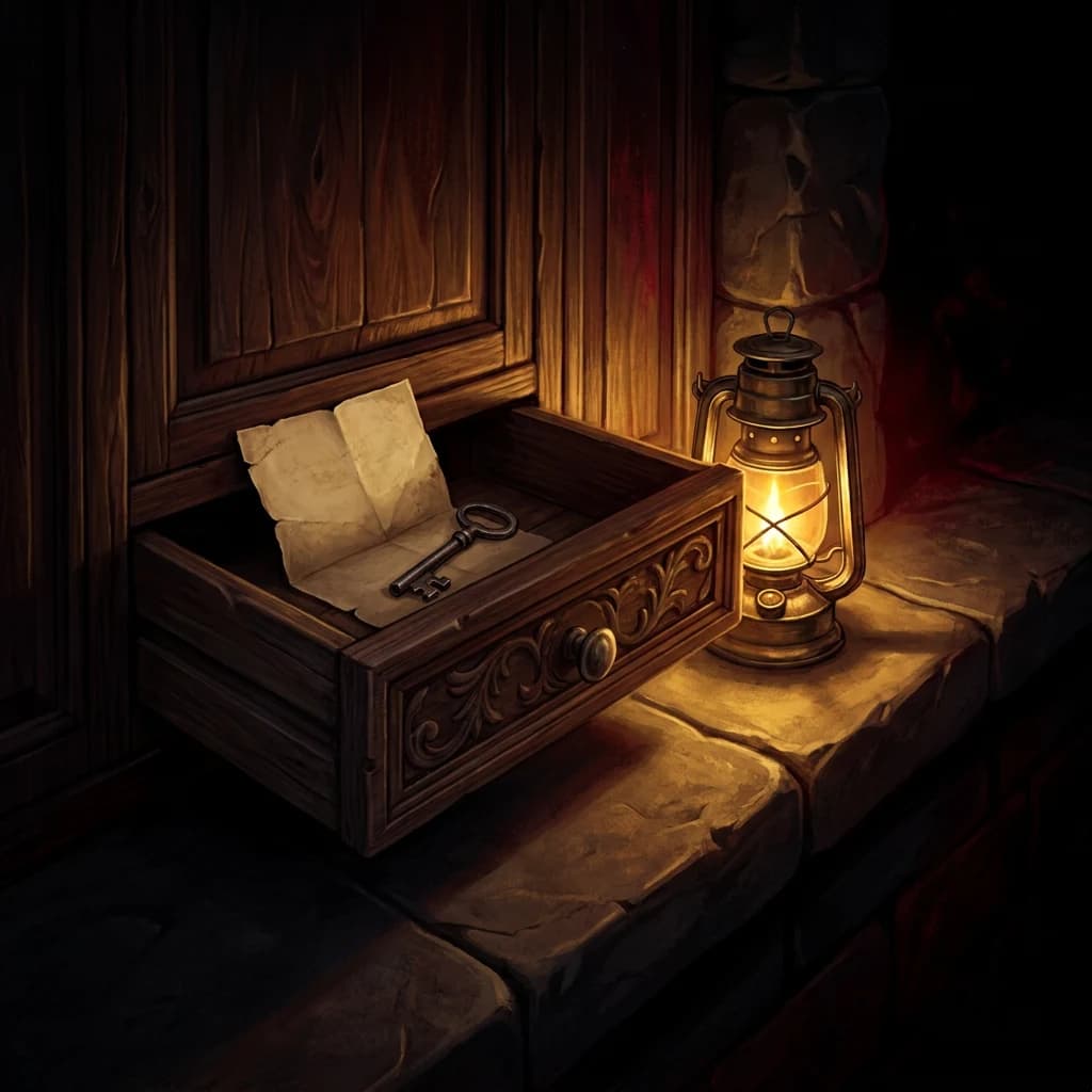 A hand sliding open a hidden compartment in a lantern-lit escape-room set at Labyrinth Escape Games.